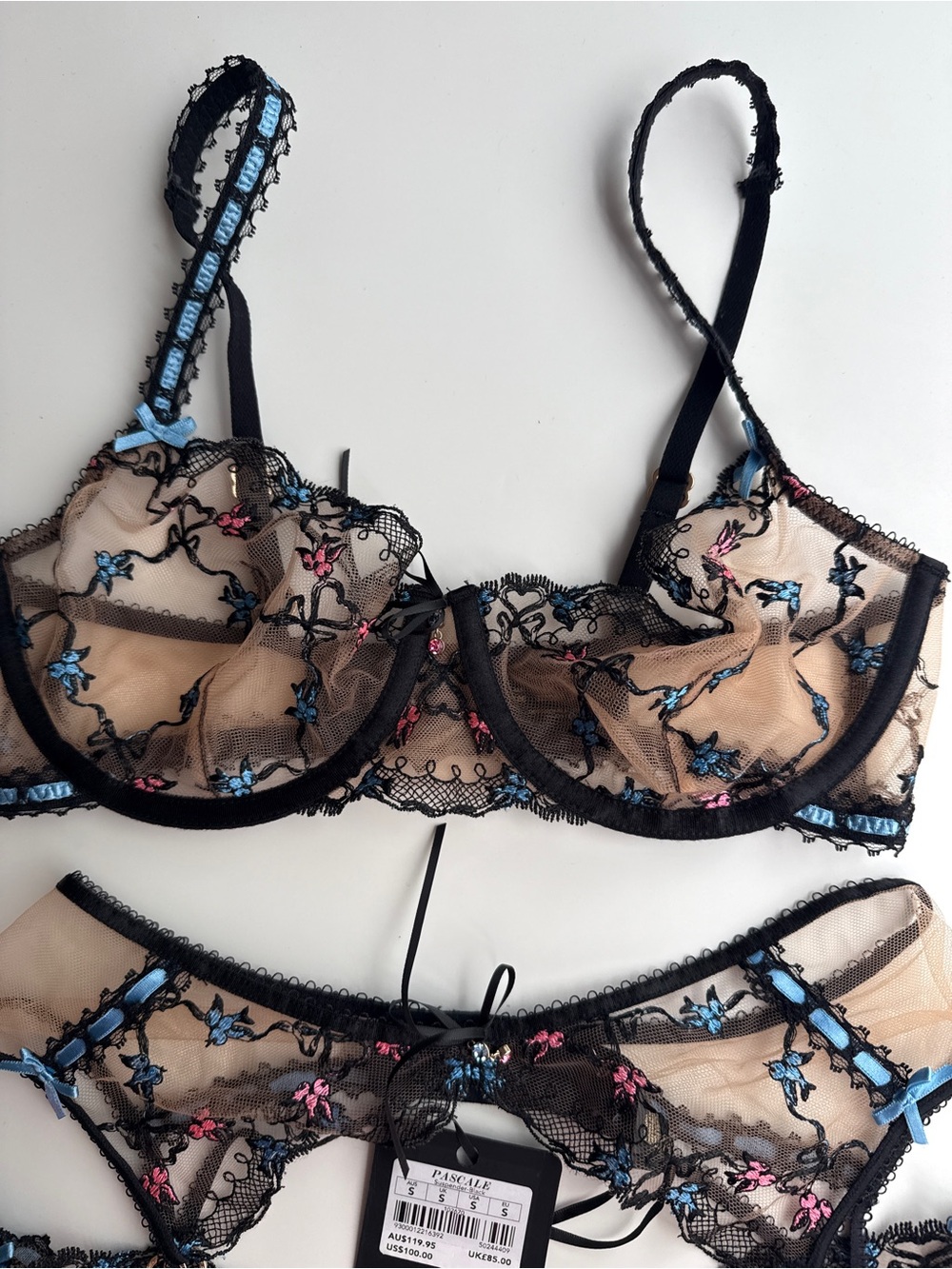 Honey birdette Set Bra panty garter belt Pascale Black blue Lingerie 32ddd S S - Picture 3 of 11